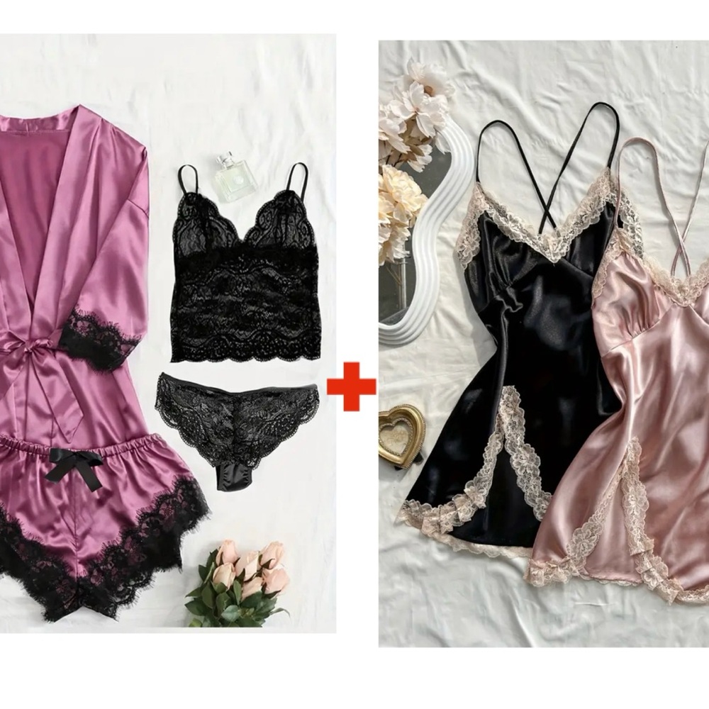 🆕 SIZE 12 Black and Pink Satin Lace Robe Intimates